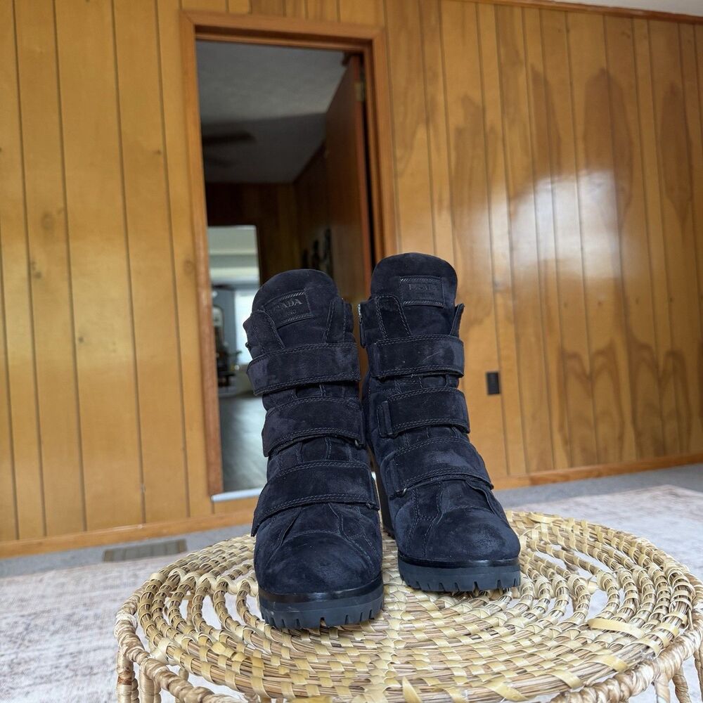 Vintage Prada Moto Boots Black Suede Buckle Strap Lug Sole Women Eu 40.5 - Picture 6 of 16